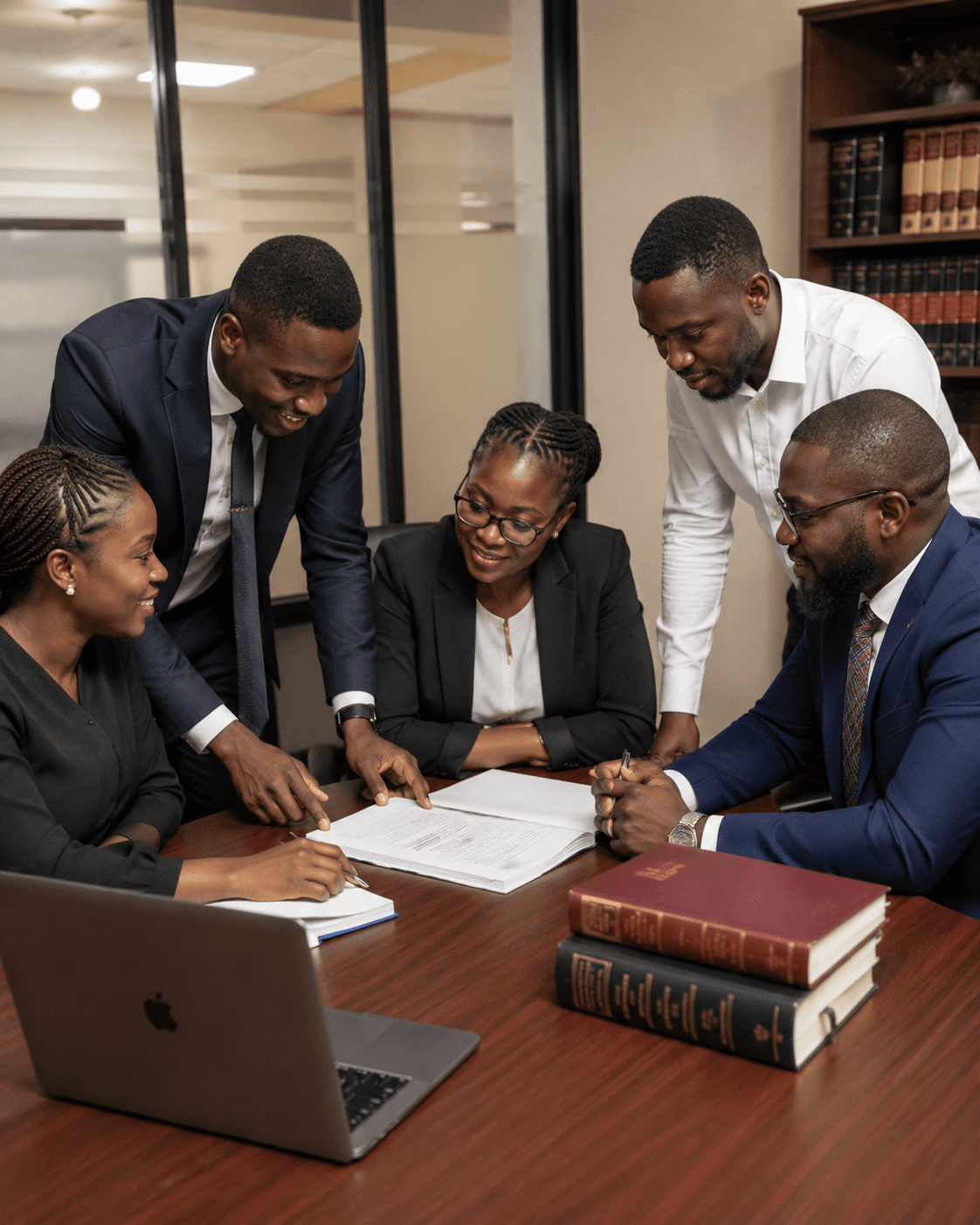 Legal and advocacy professionals reviewing documents together during a partnership meeting
